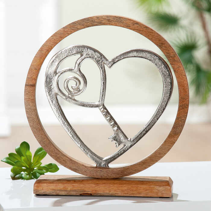 Decoratiune Key to Heart, lemn aluminiu, maro argintiu, 26x28 cm