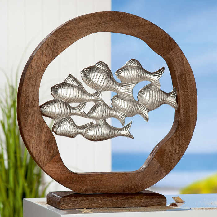 Decoratiune School of Fish, aluminiu lemn, argintiu maro, 45 cm