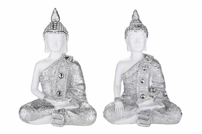 Set 2 figurine Buddha, rasina, alb argintiu, 8x11.5x5 cm