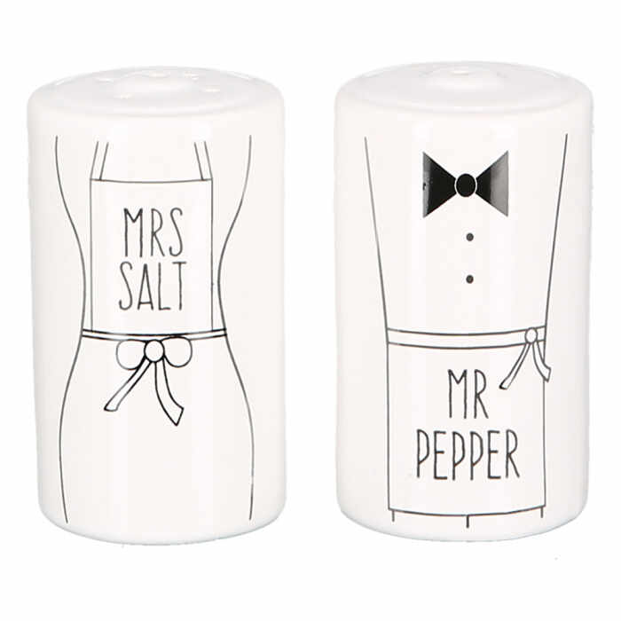Set 2 recipiente sare si piper Mrs. Salt Mr. Pepper, portelan, multicolor, 8x4 cm