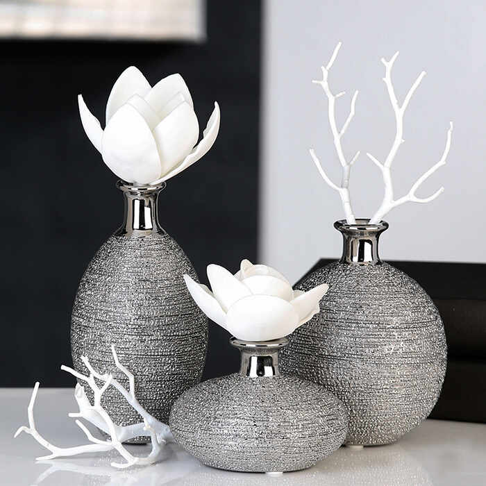 Set 3 vaze Miro ceramica glazurata, argintiu, 15x9 cm