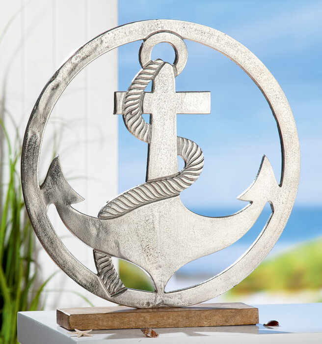 Decoratiune Anchor in Circle , aluminiu lemn, argintiu maro, 40 cm