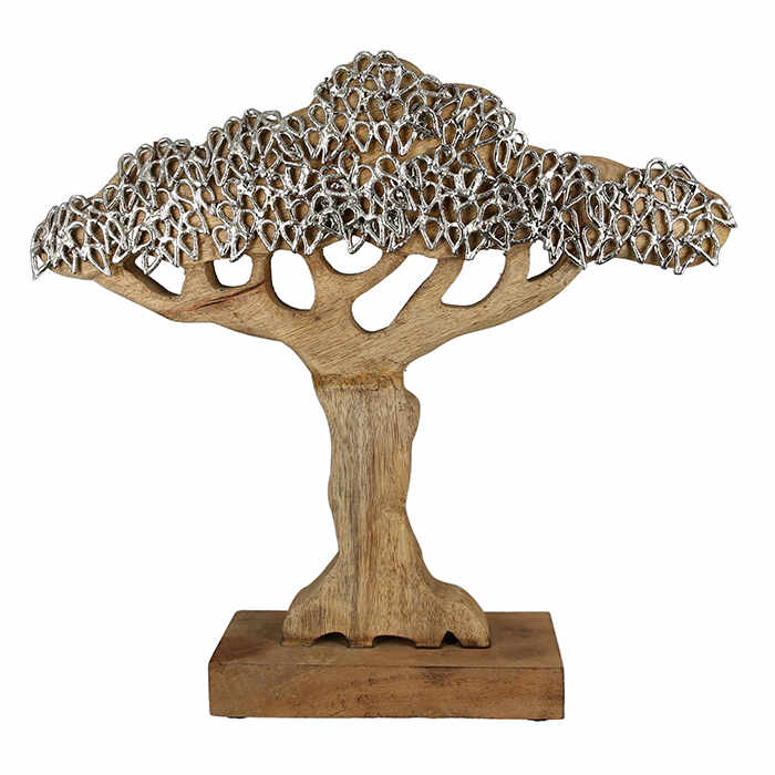 Decoratiune copac, aluminiu lemn, argintiu maro, 46x43x9 cm