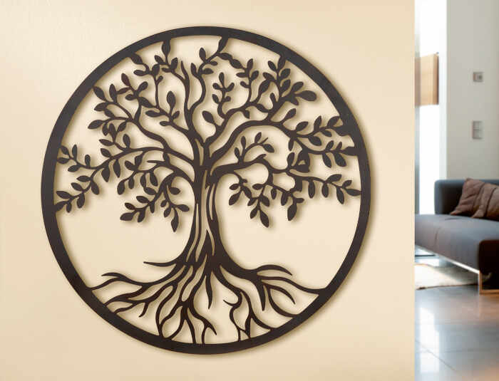 Decoratiune de perete Tree of Life, Metal, Maro, 61 cm