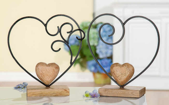 Decoratiune inima, metal lemn, maro negru, 19x19 cm