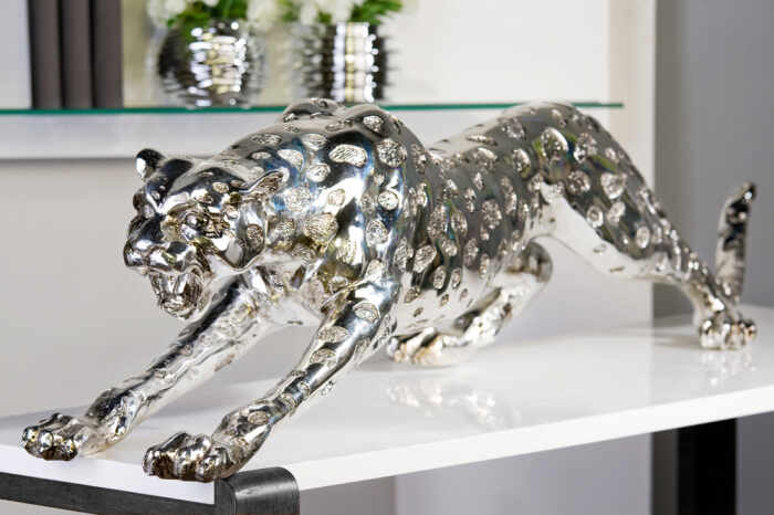 Figurina leopard, rasina, argintiu, 145x31x48 cm