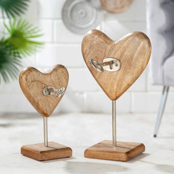 Decoratiune Wood Heart with Key, Lemn, Maro Argintiu, 15x24x15 cm