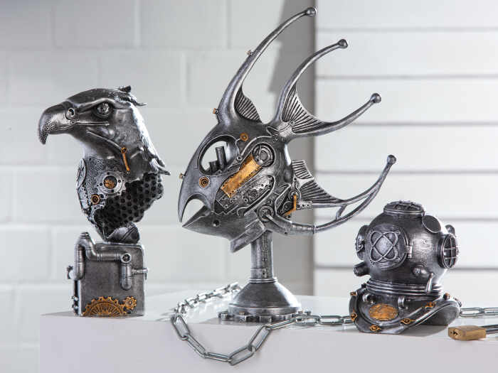 Figurina Steampunk Fish, Rasina, Argintiu Auriu, 26x36.5x10 cm