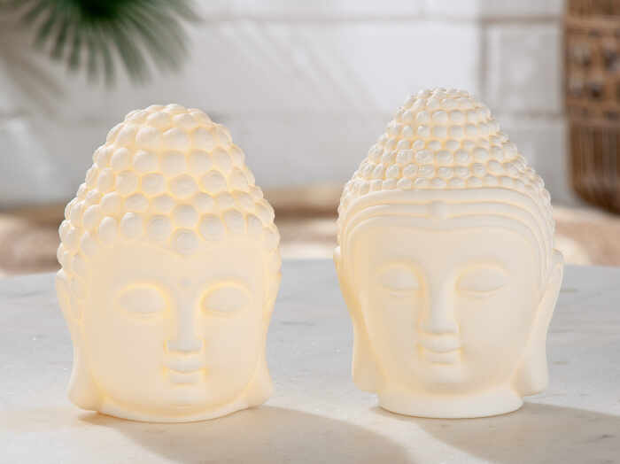 Set 2 lampi cu LED Buddha, Ceramica, Alb, 10x14x11 cm