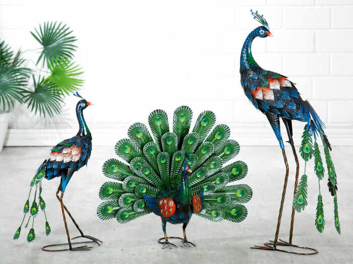 Set 3 figurine Peacock, Metal, Multicolor