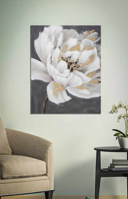 Tablou pictat manual White Gold Flower, Lemn Canvas, Multicolor, 100x80x3.7 cm