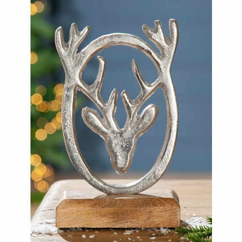 Decoratiune Deer Head, Aluminiu Lemn, Maro Argintiu, 5x10x17 cm
