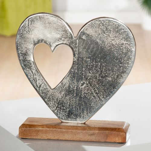 Decoratiune Heart lemn aluminiu 16x5x15 cm
