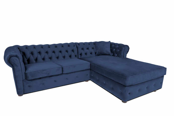 Canapea 2 locuri extensibila cu sezlong Chesterfield, albastru petrol, 245x85 175x68 cm