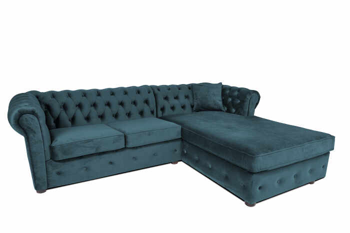 Canapea 2 locuri extensibila cu sezlong Chesterfield, albastru verzui, 245x85 175x68 cm
