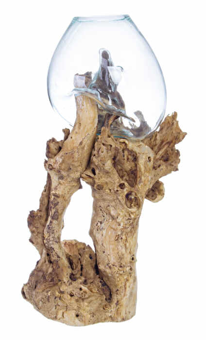 Vaza turnata pe lemn, Lemn Sticla, Transparent Natural, 40x30x70 cm