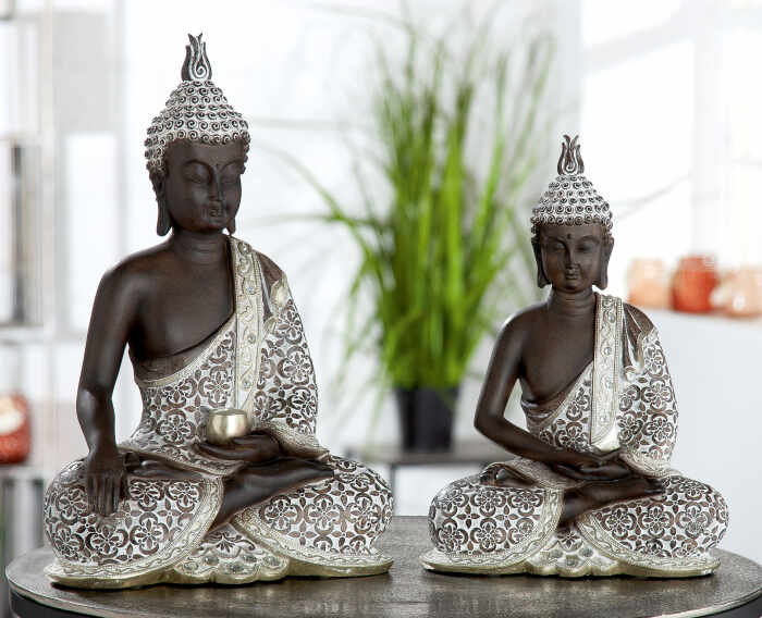 Decoratiune Buddha Mangala, Rasina, Argintiu, 20x29x10 cm