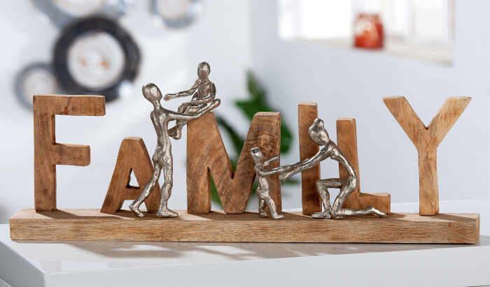 Decoratiune Family, Aluminiu Lemn, Maro Argintiu, 55x21x7.5 cm
