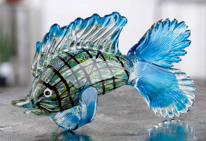 Decoratiune Fish Barracuda, Sticla, Albastru, 28x20x10 cm