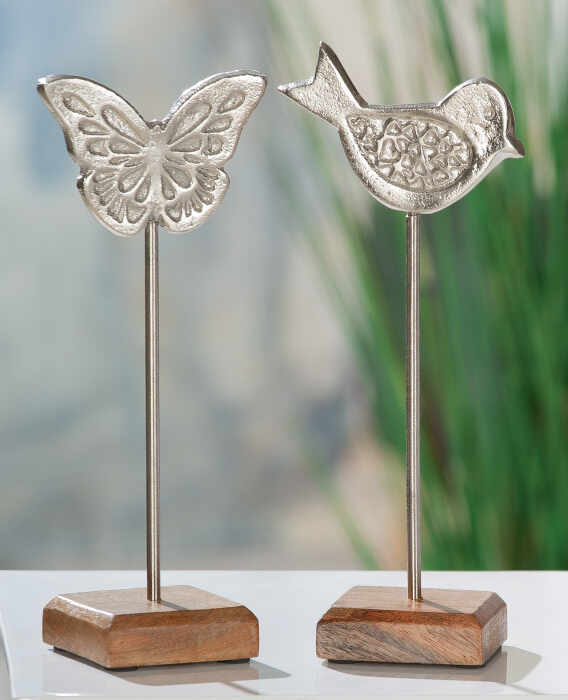 Set 2 decoratiuni Butterfly Bird on stick, Aluminiu, Argintiu Maro, 11x27x8 cm