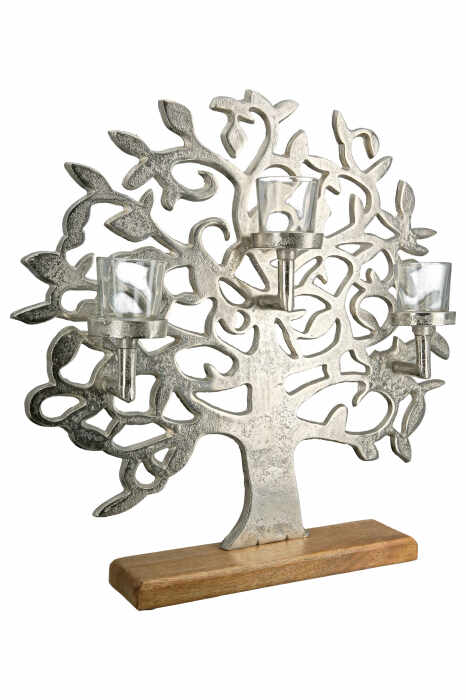 Suport lumanari Tree of Life, Aluminium, Argintiu, 46x49x11 cm