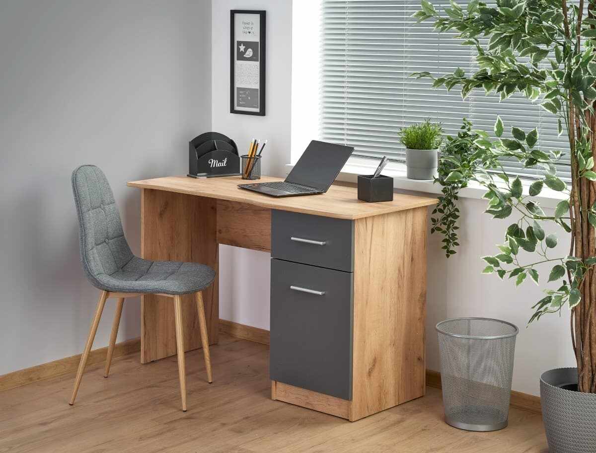 Masa de birou din pal, cu 1 sertar si 1 usa Elmo Stejar / Antracit, L120xl55xH78 cm