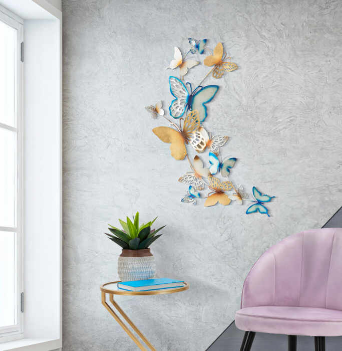 Decoratiune de perete Butterflies, Fier, Multicolor, 115x59.5x4 cm
