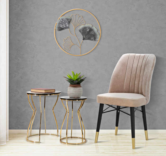 Set 2 scaune Bella, Fier Lemn Poliester, Gri Negru Auriu, 92.5x50x49 cm