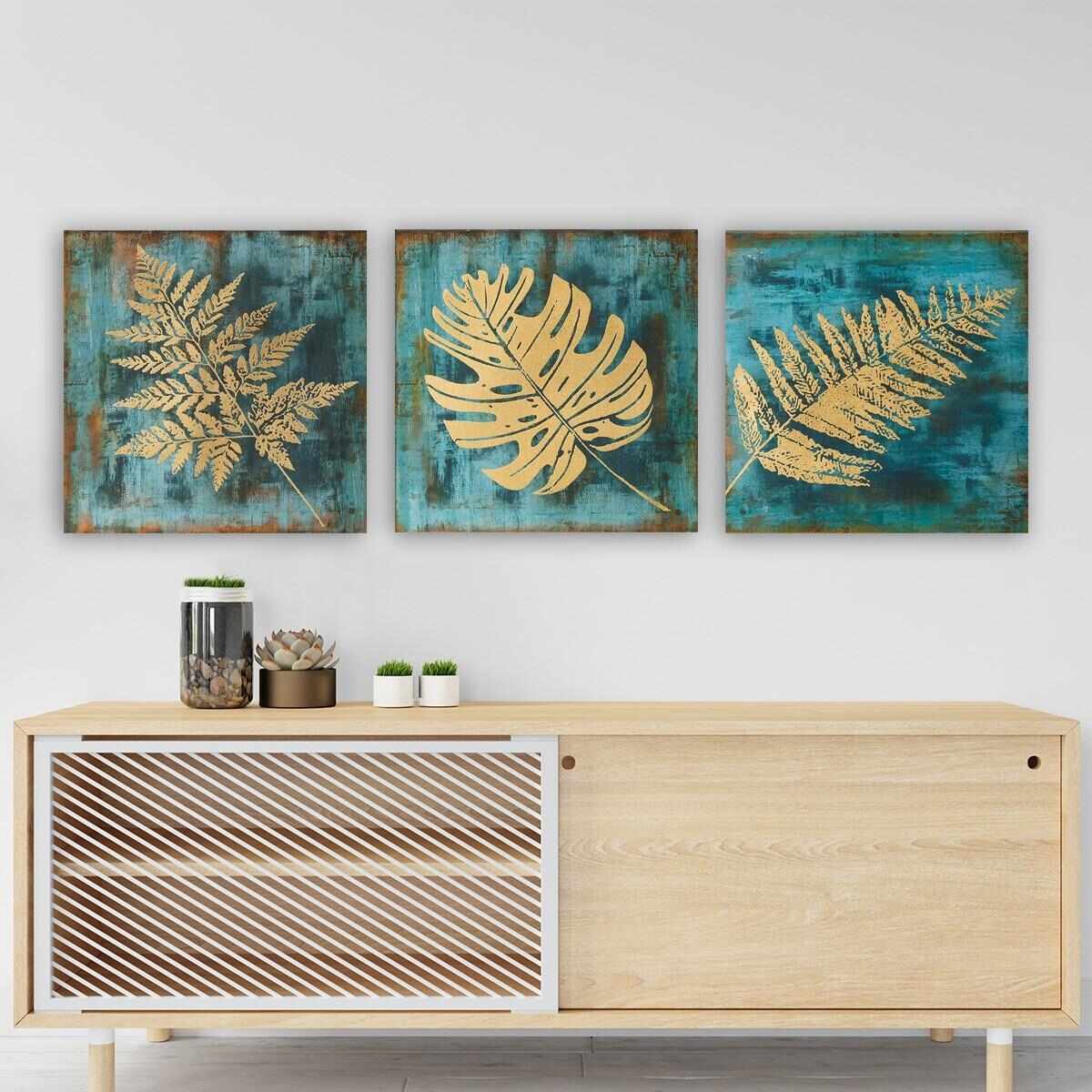 Tablou 3 piese Canvas Leaves 3P5777 Bleu / Auriu, 90 x 30 cm