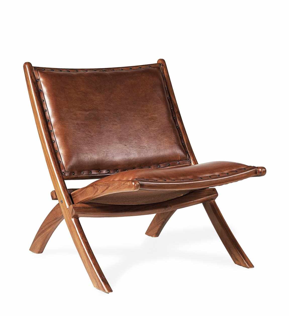 Scaun pliabil din lemn tapitat cu piele, Low Maro, l65xA88xH75 cm