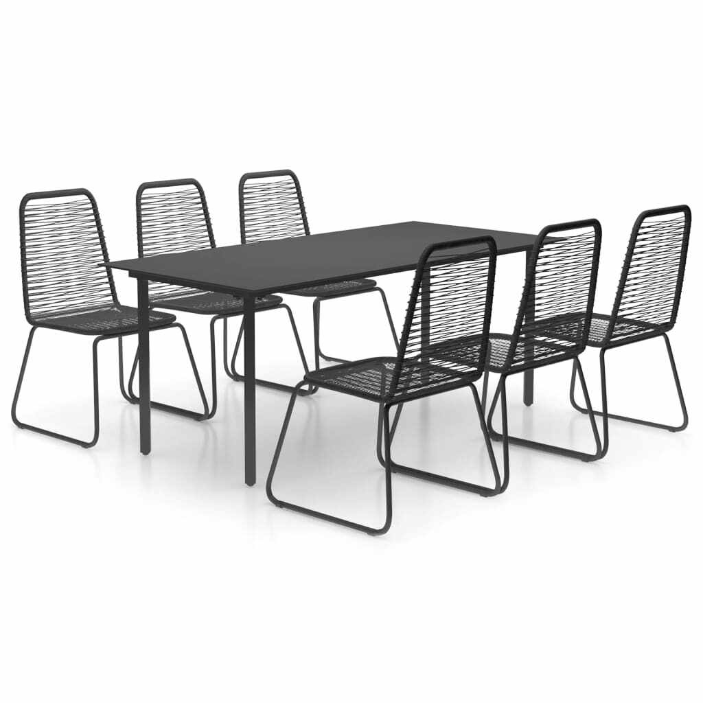 Set masa de gradina / terasa din sticla si otel, Antony Negru + 6 scaune de gradina din ratan PVC si otel, Rin Negru, L190xl90xH74 cm