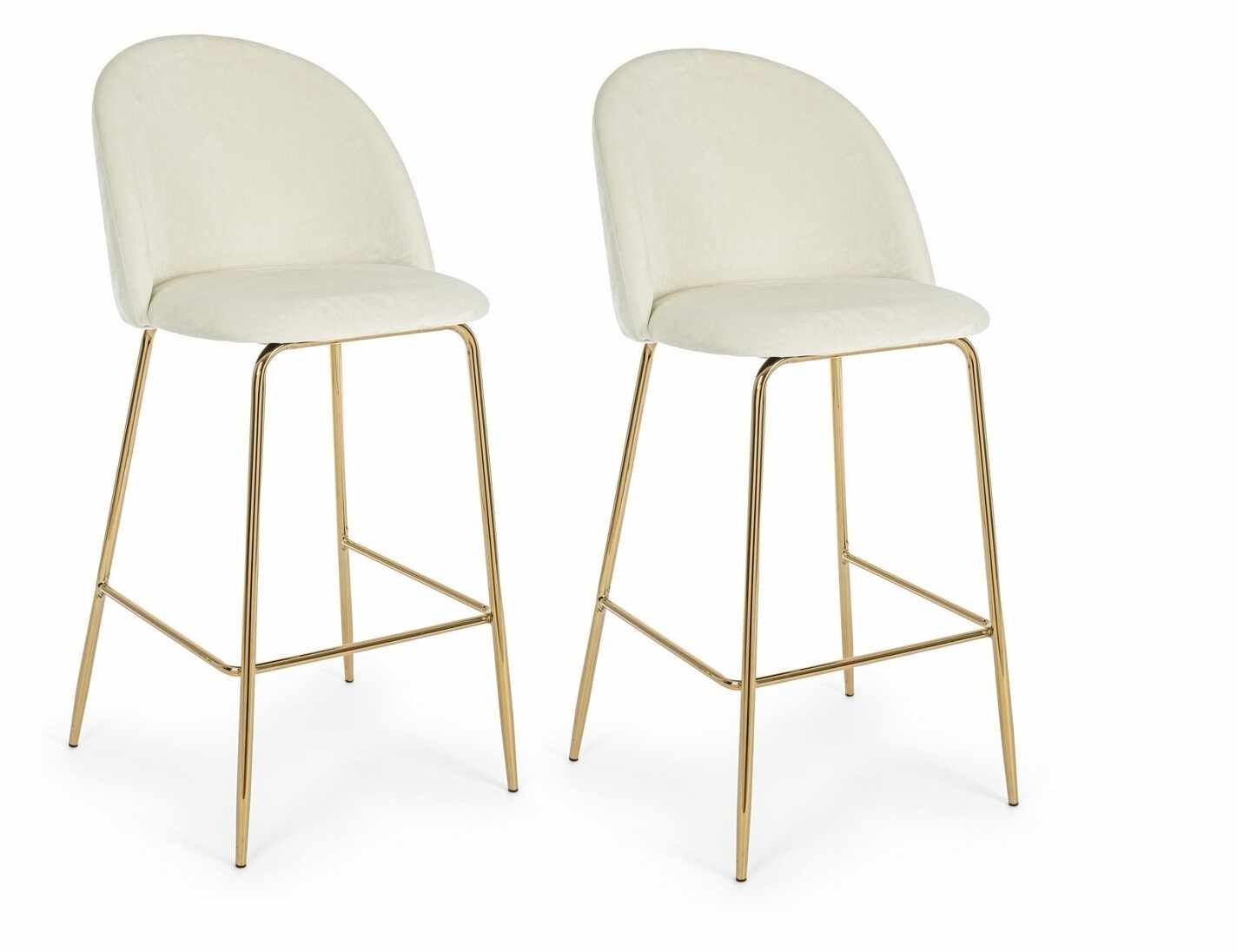 Set 2 scaune de bar tapitate cu stofa si picioare metalice Carry Velvet Alb / Auriu, l51xA55xH105 cm
