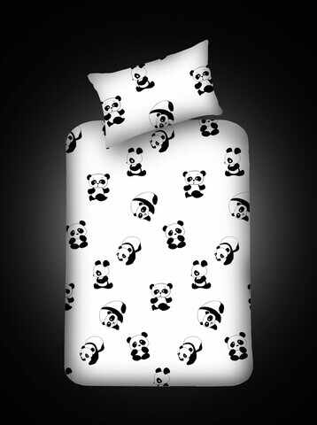Set cearceaf si fata de perna, EnLora Home, Panda, 100x200 cm, amestec bumbac, alb/negru