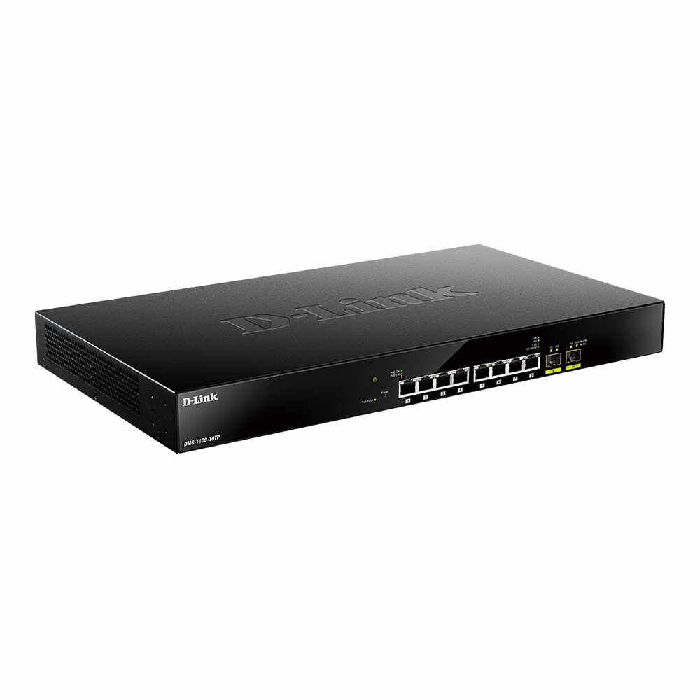Switch cu 8 porturi Gigabit D-Link DMS-1100-10TP, 80 Gbps, 59.52 Mpps, 2x SFP+, PoE, cu management