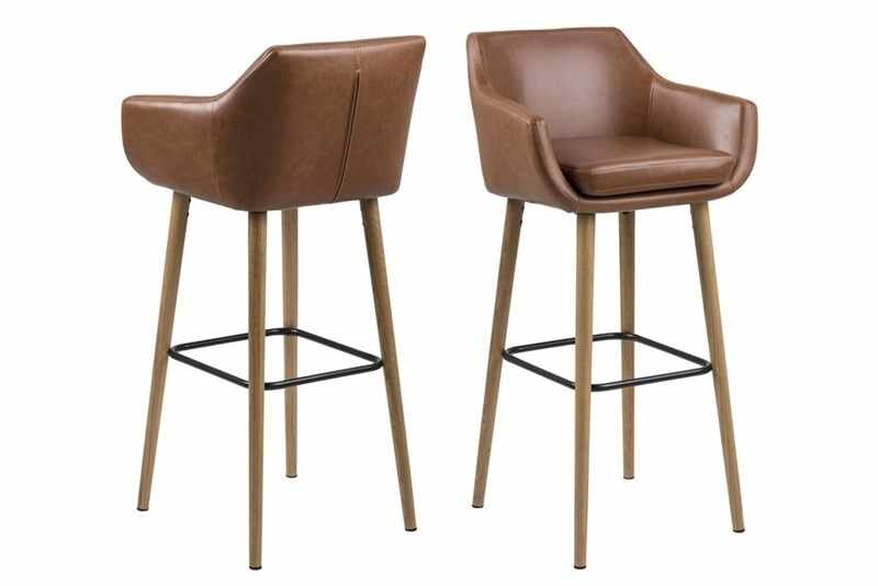 Set 2 scaune de bar tapitate cu piele ecologica si picioare din lemn Nora Maro / Stejar, l55xA54xH101 cm