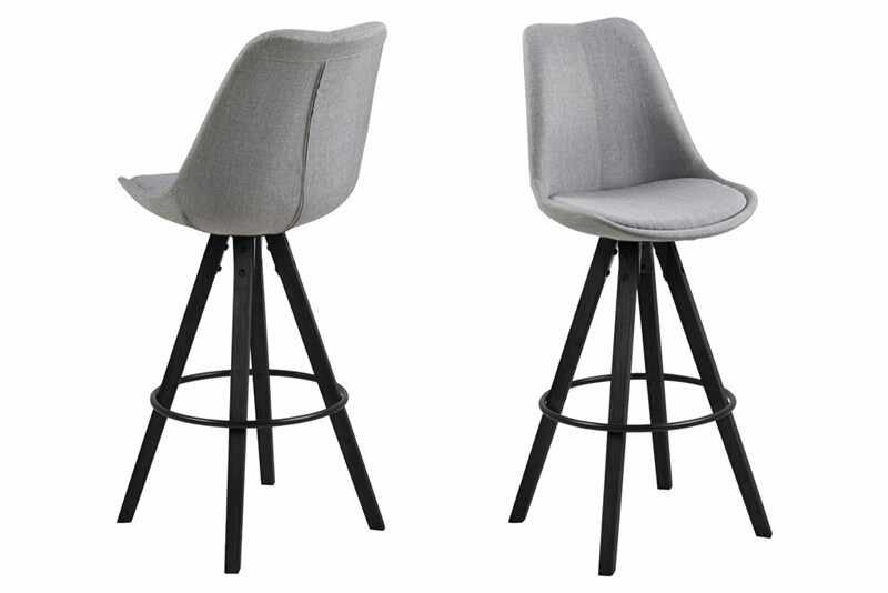 Set 2 scaune de bar tapitate cu stofa si picioare din lemn Dima Gri Deschis / Negru, l48,5xA55xH111,5 cm