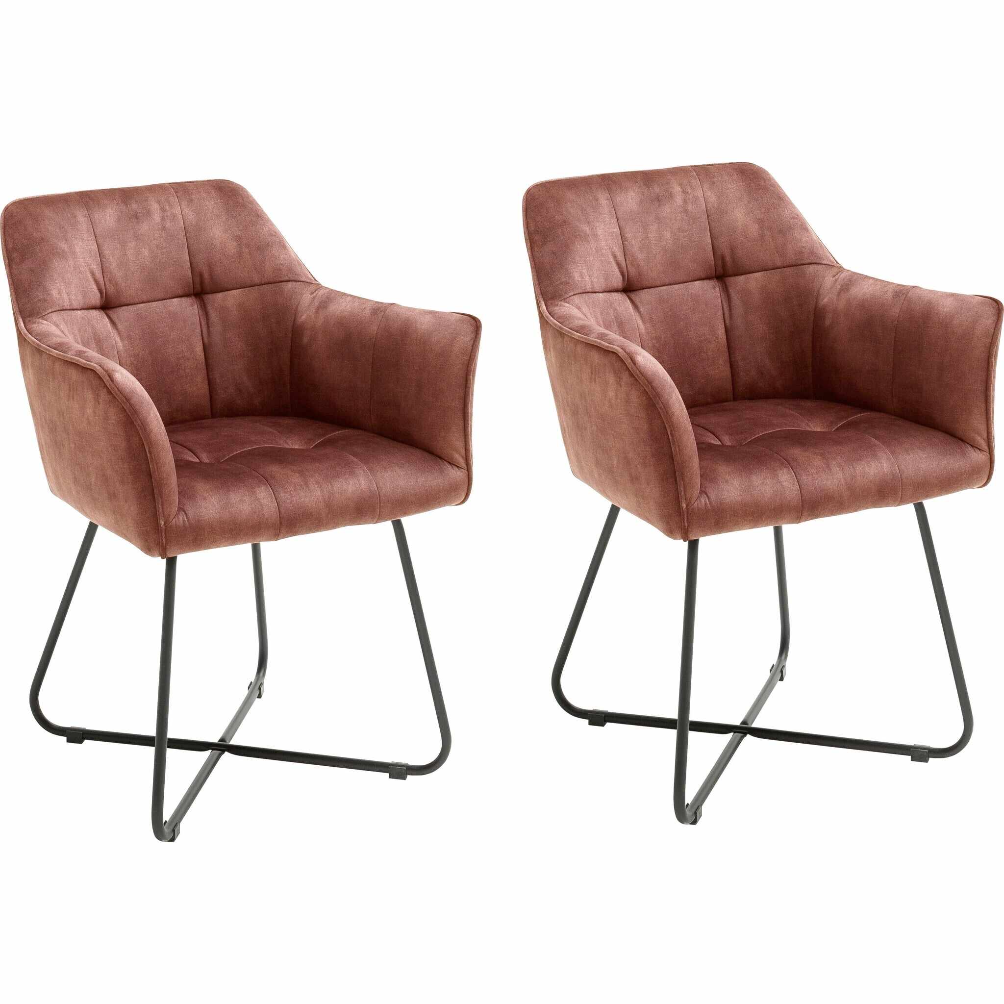 Set 2 scaune tapitate cu stofa si picioare metalice, Panama Ruginiu / Negru, l60xA62xH82 cm