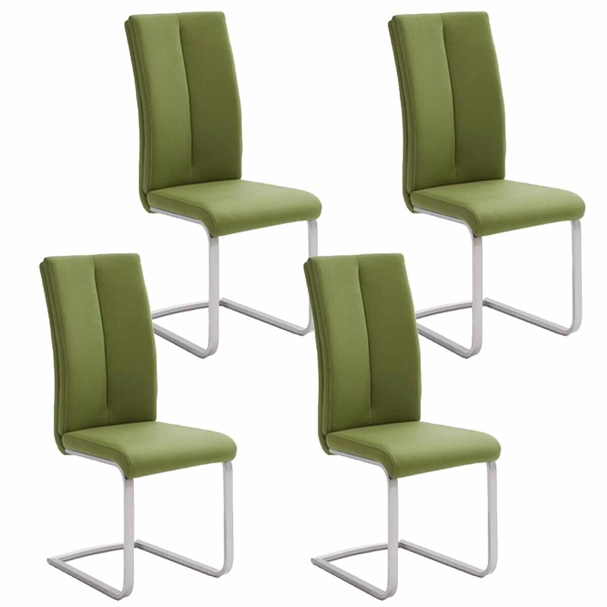 Set 4 scaune tapitate cu piele ecologica si picioare metalice, Paulo II Verde Olive / Crom, l42xA61xH104 cm