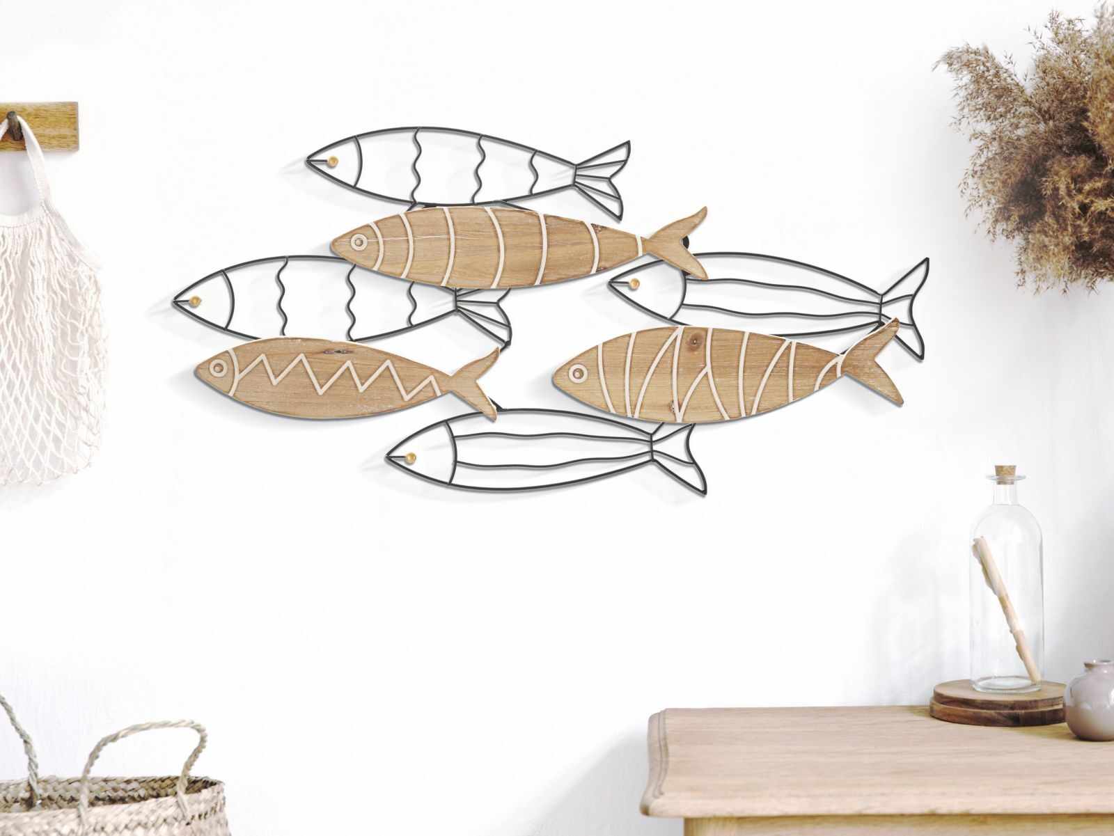 Decoratiune de perete din metal si MDF, Fish Natural / Negru, l60xA2xH30 cm
