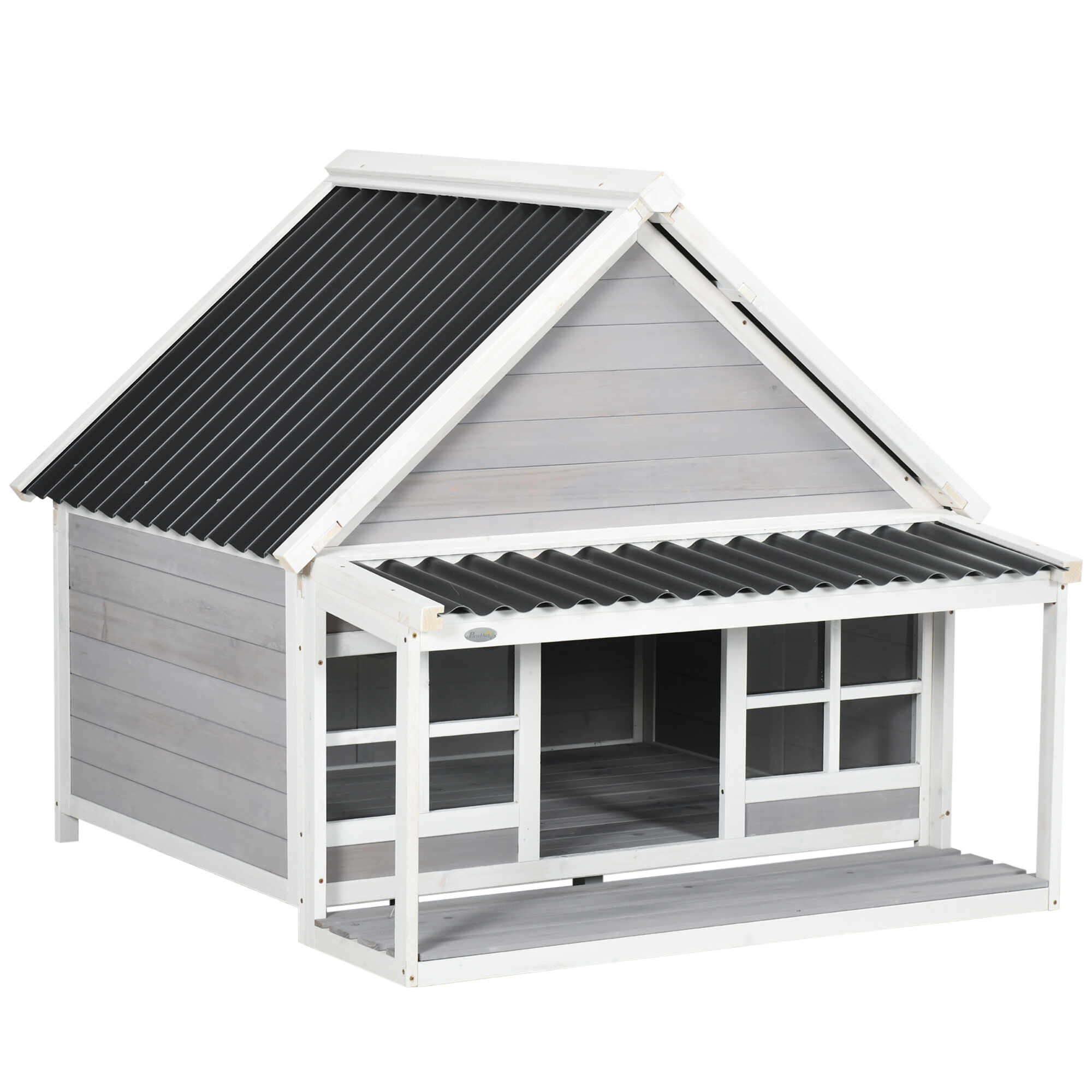 PawHut Casa pentru caini din lemn in aer liber cu veranda, casuta rezistenta la intemperii pentru animale de companie cu acoperis din PVC | AOSOM RO