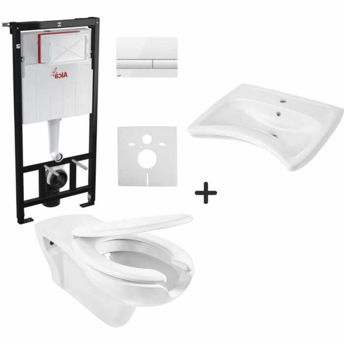 Set vas wc suspendat cu capac soft close, lavoar baie pentru persoane cu dizabilitati si rezervor wc cu clapeta alba