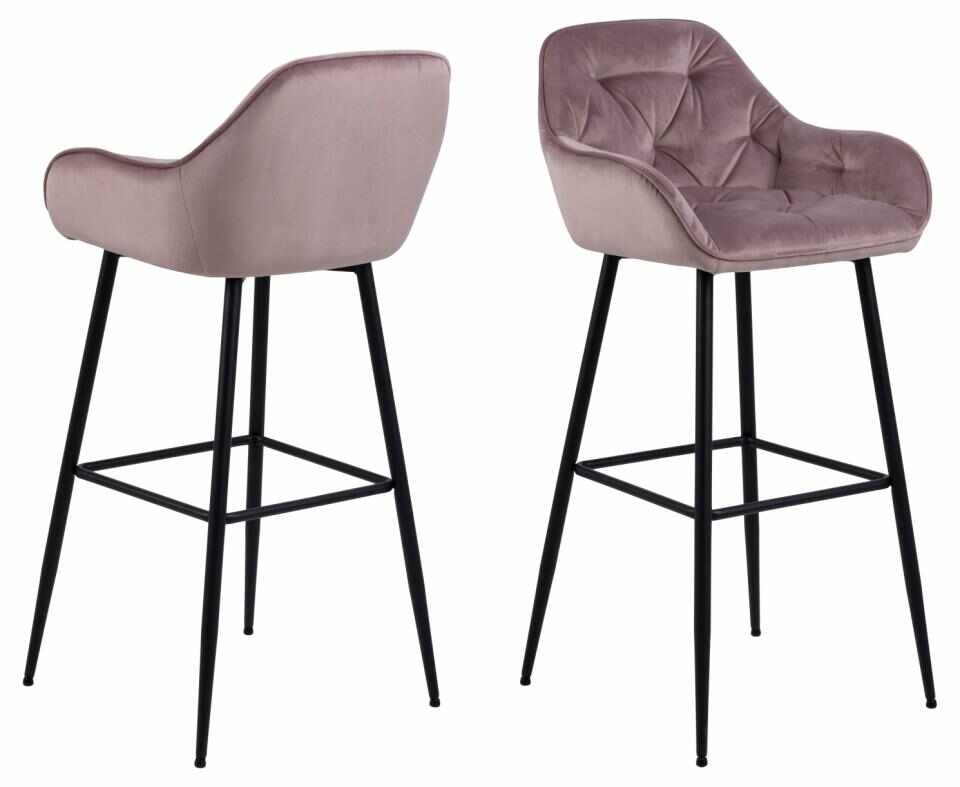 Set 2 scaune de bar tapitate cu stofa si picioare metalice, Brooke Velvet Roz deschis / Negru, l52xA53xH104 cm
