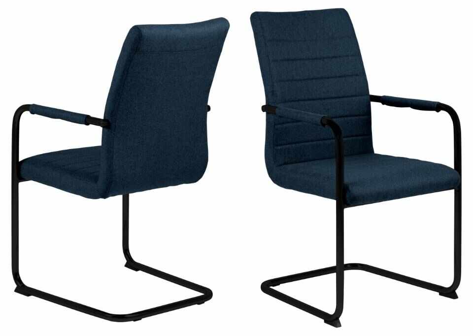 Set 2 scaune tapitate cu stofa si picioare metalice Gudrun Plus Albastru inchis / Negru, l52,5xA63,5xH95,5 cm