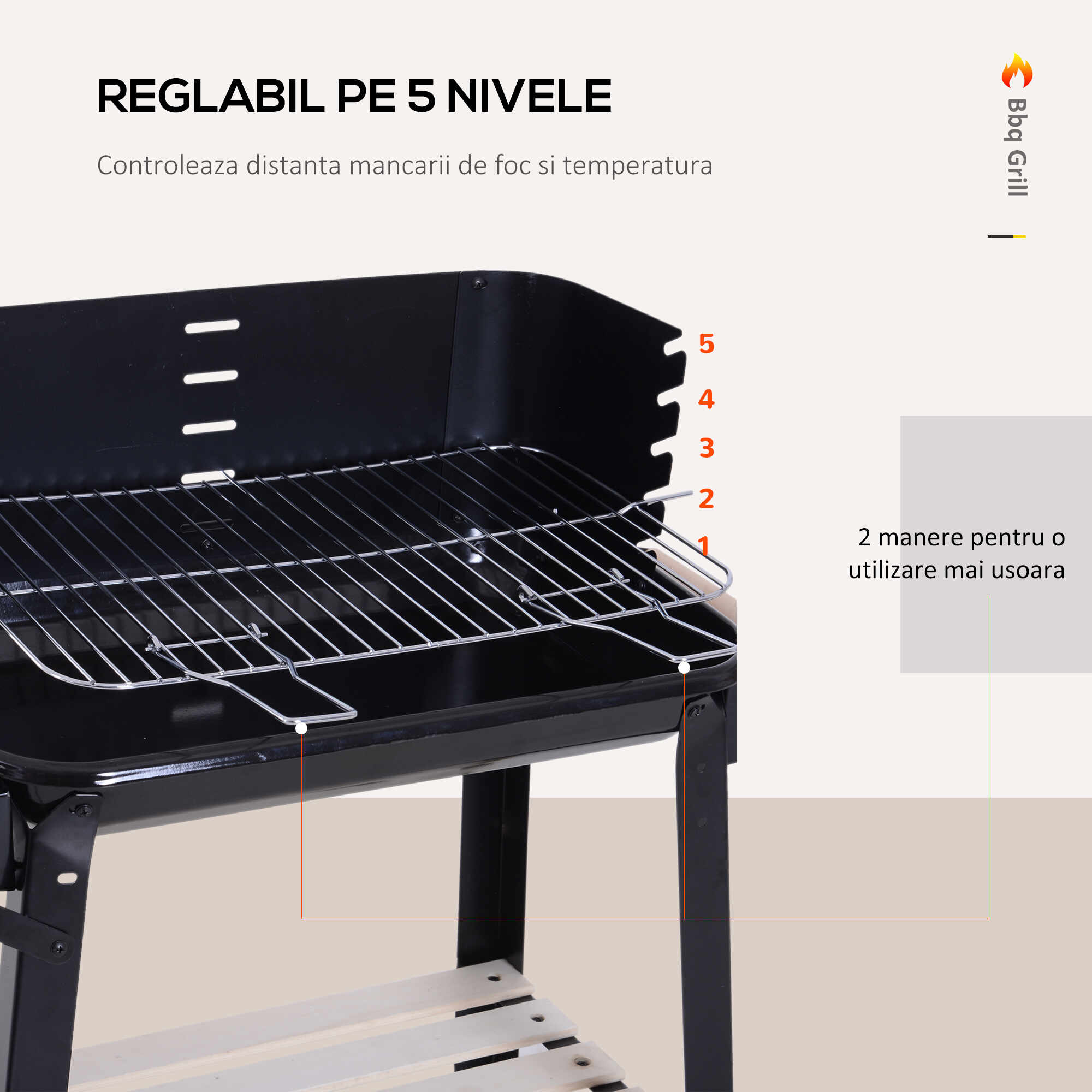 Outsunny Gril cu Carbune Barbecue Picnic Inaltime Reglabila Negru 87x 45 x 83 cm | Aosom Ro