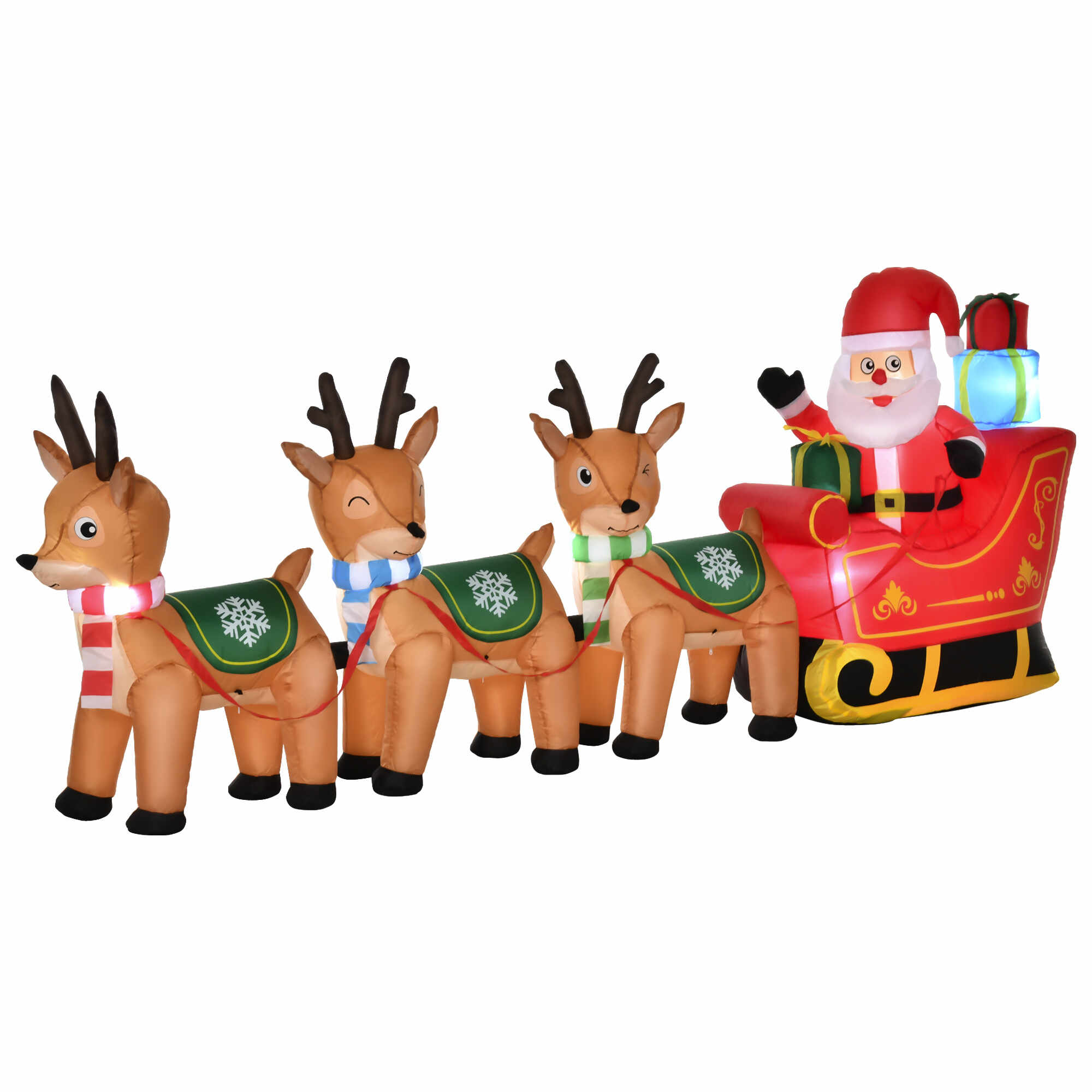 HOMCOM Babbo Natale Gonfiabile con Slitta e 3 Renne, Luci LED Integrate, Decorazione Natalizia da Esterno, 319x59x132cm