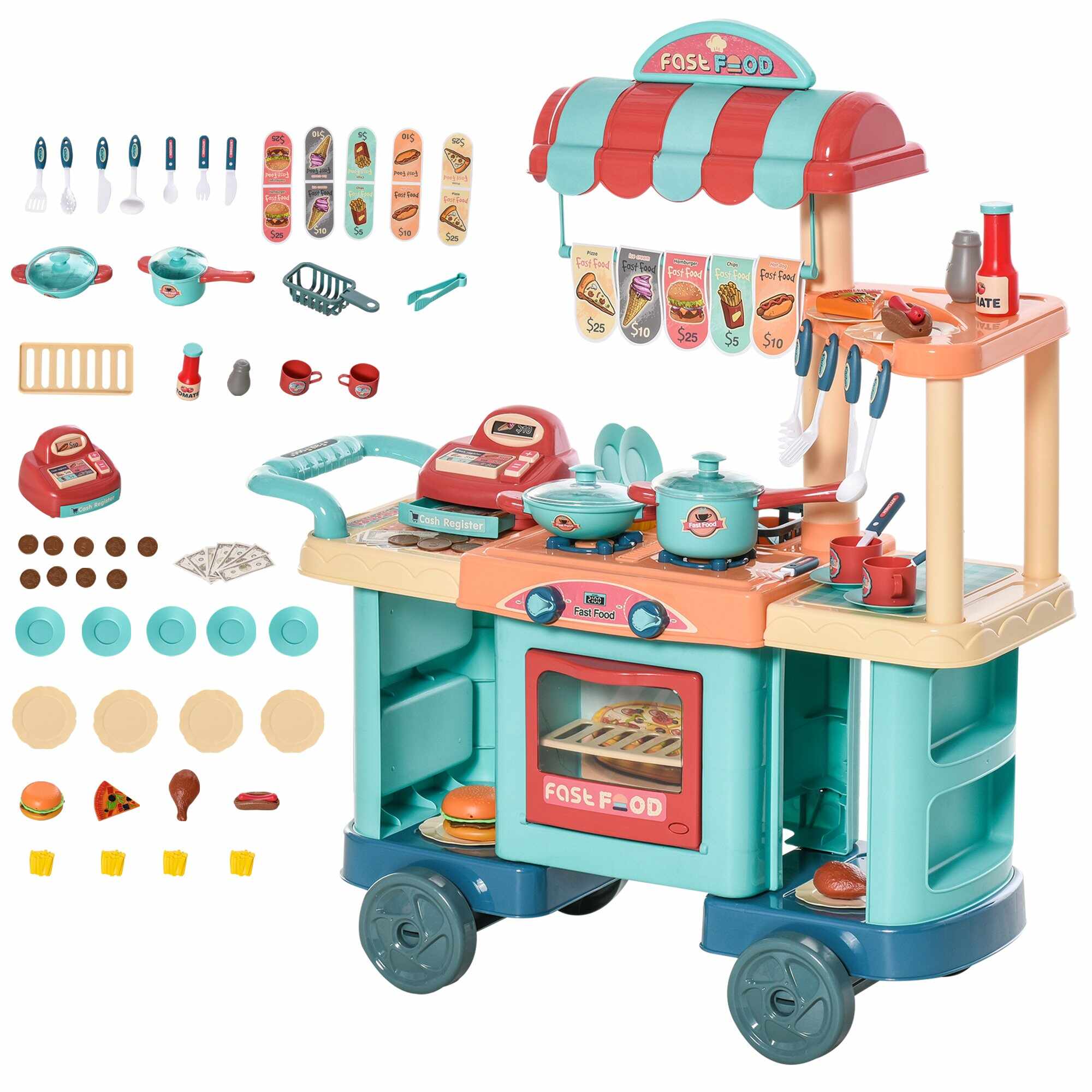 HomCom bucatarie de jucarie, copii 3-6 ani, 50 accesorii | AOSOM RO