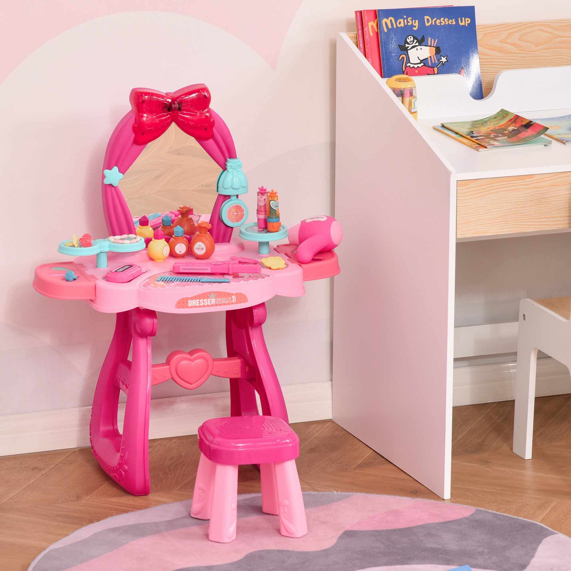 HOMCOM Masuta pentru machiaj cu scaun e 36 accesorii pentru copii de 3 ani, oglinda cu lumini si muzica integrate, roz si rosu