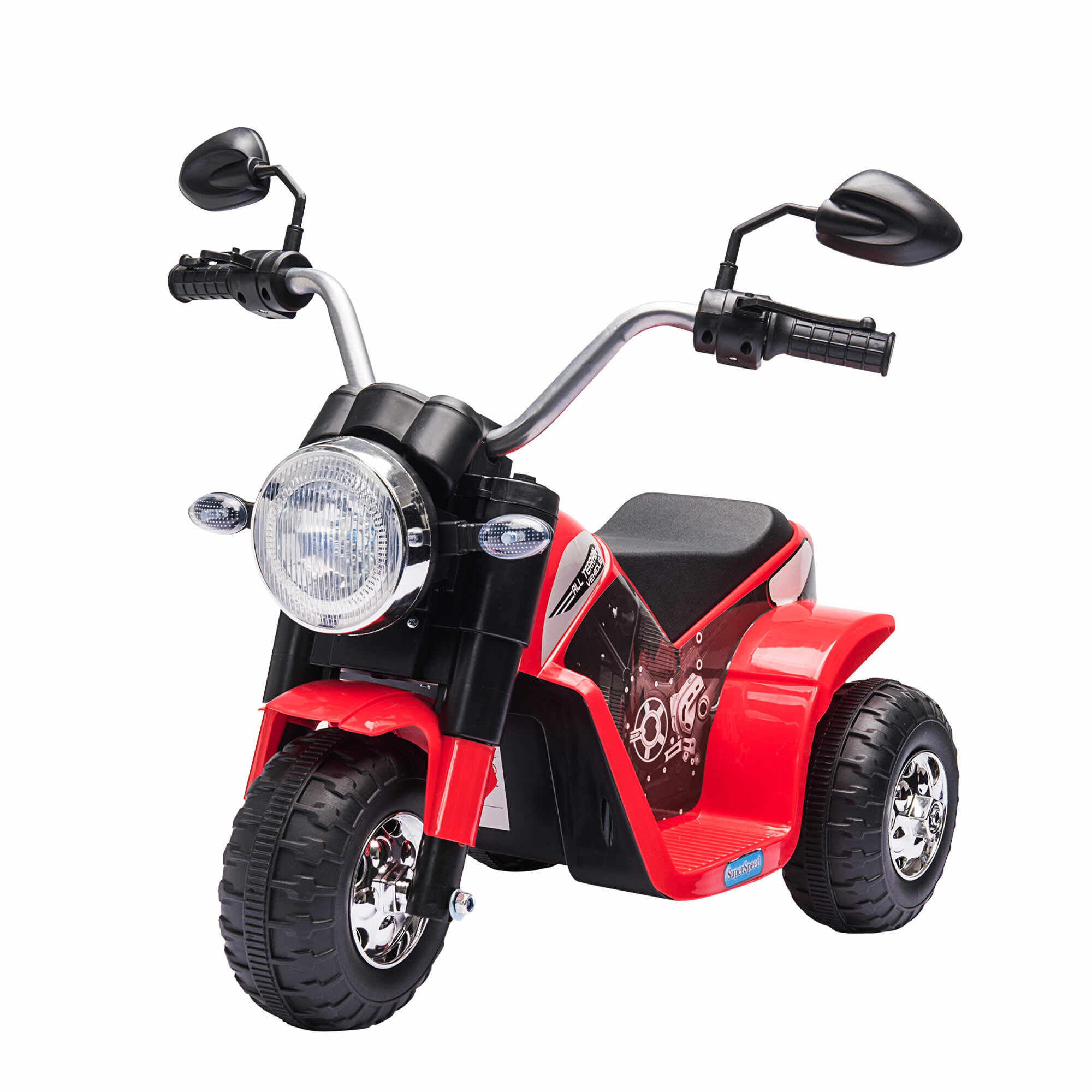 HOMCOM Motocicleta Electrica pentru Copii cu 3 Roti cu Lumini si Sunete, Baterie Reincarcabila 6V, Viteza 2km/h, pentru Copii de la 18-36 Luni, Rosie