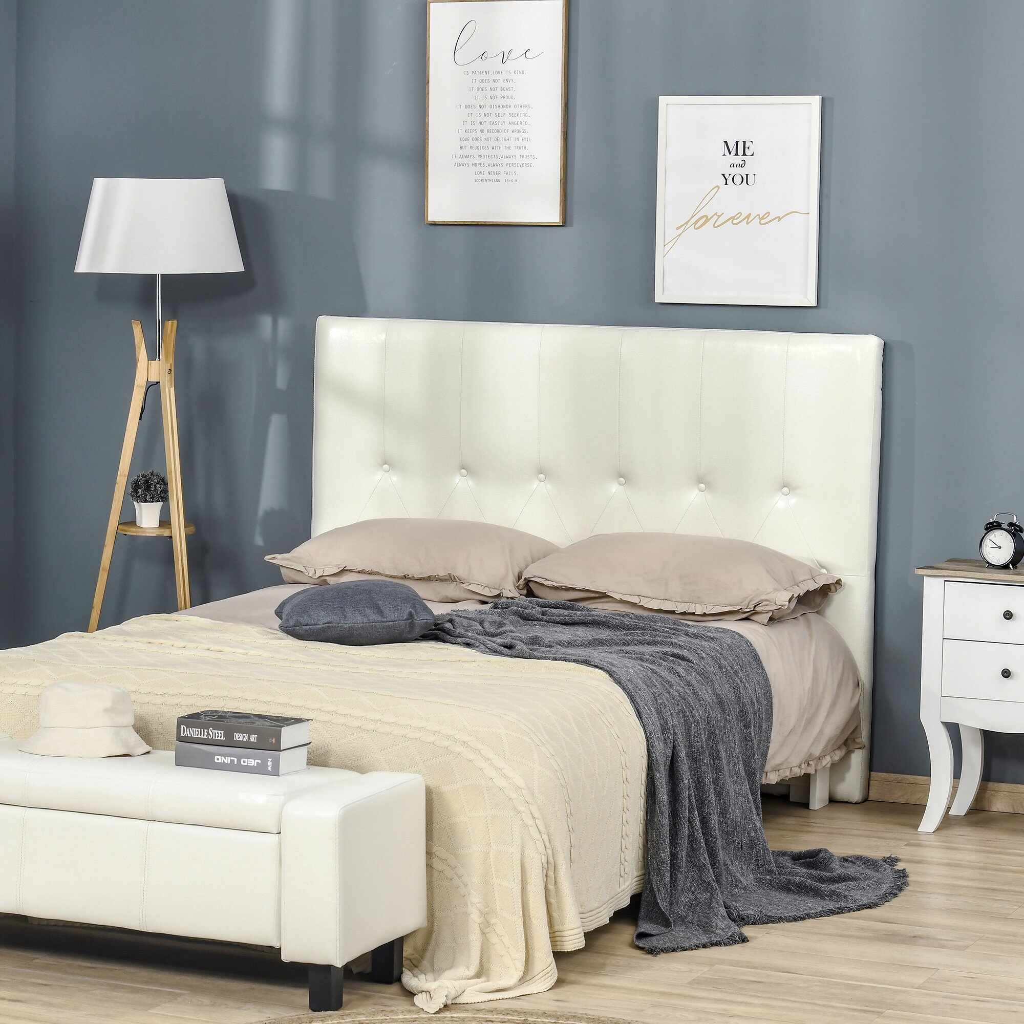 HOMCOM Tablie pat matrimonial tapitata, tablie matlasata cu nasturi si tapiterie din imitatie de piele PU pentru dormitor, 160x120cm, alb