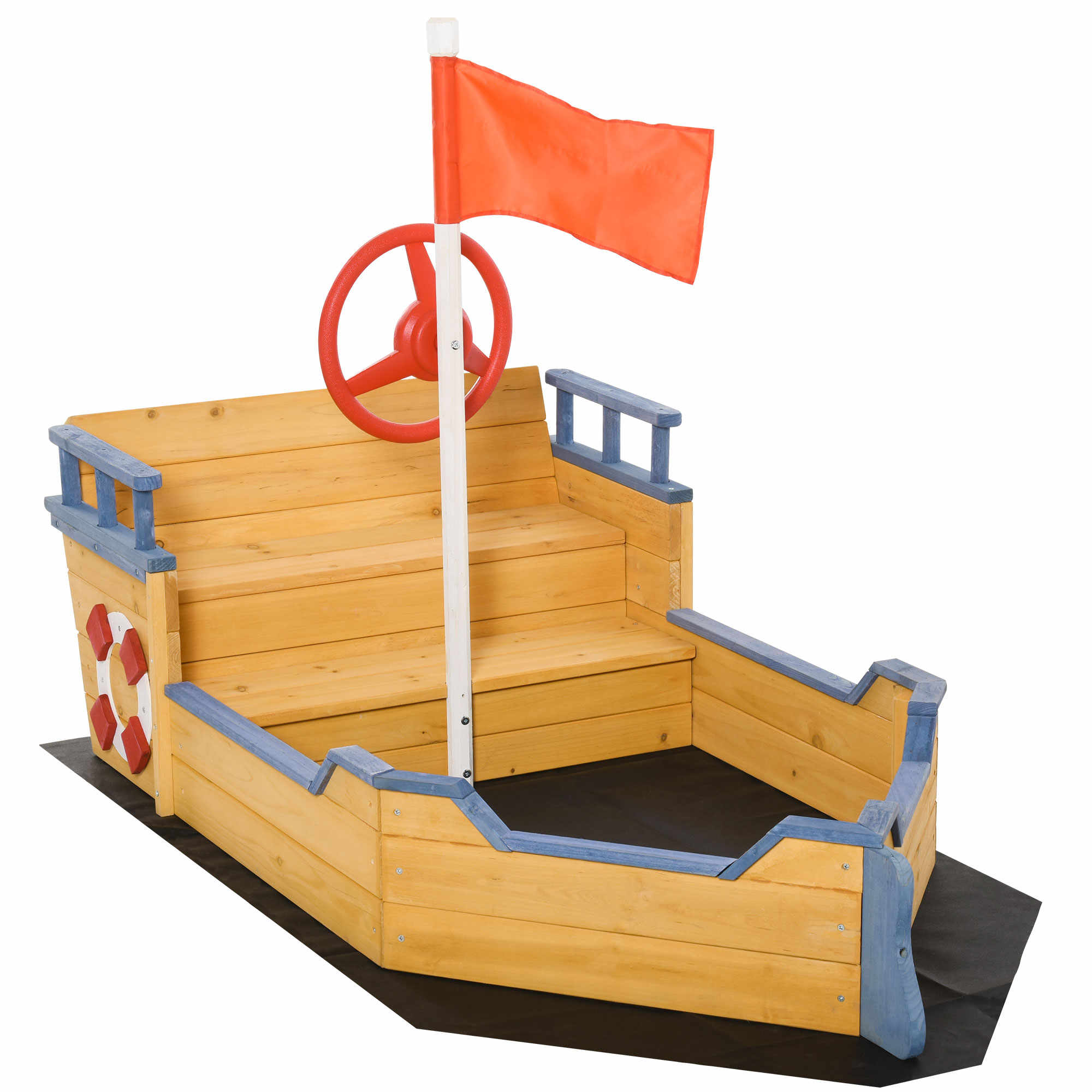 Outsunny Jucarie pentru plaja din Lemn pentru Copii  in Forma de Corabie de Pirati cu Compartiment de Depozitare, Joc de Gradina 158x78x45.5cm